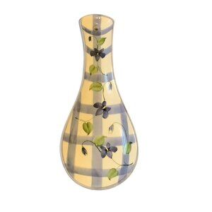 Hand-Painted Ceramic Spoon Rest With Floral Design & Blue Checkered Pattern 8.5”